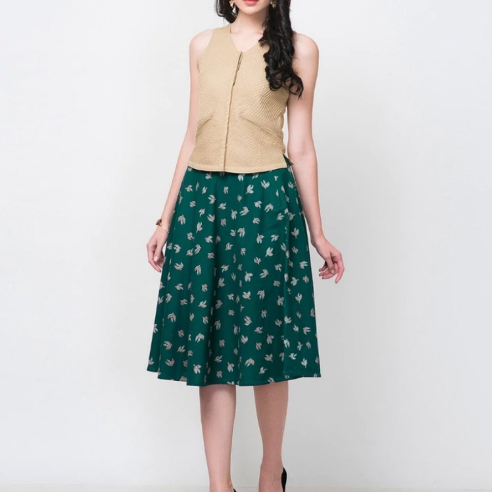 FABINDIA  Green Cotton Slub Printed A-Line Skirt
